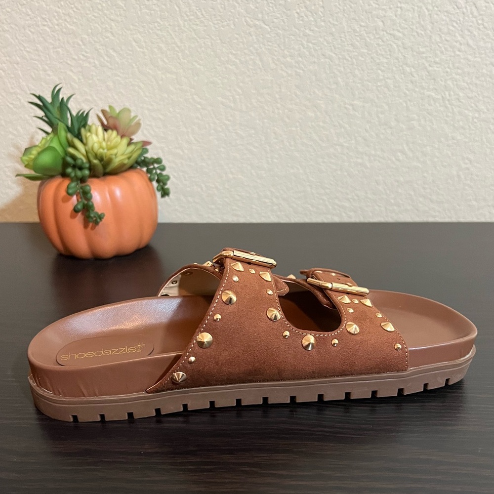 Brown and Gold Studded Sandals 7.5 NEW - Picture 8 of 12